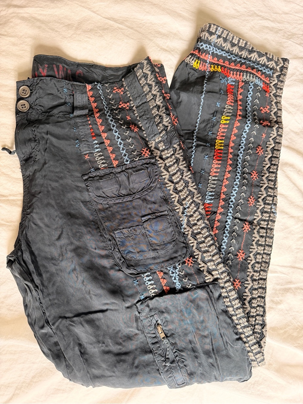 Johnny Was Black Cargo Pants with Multicolor Embroidered Stripes - Picture 8 of 10